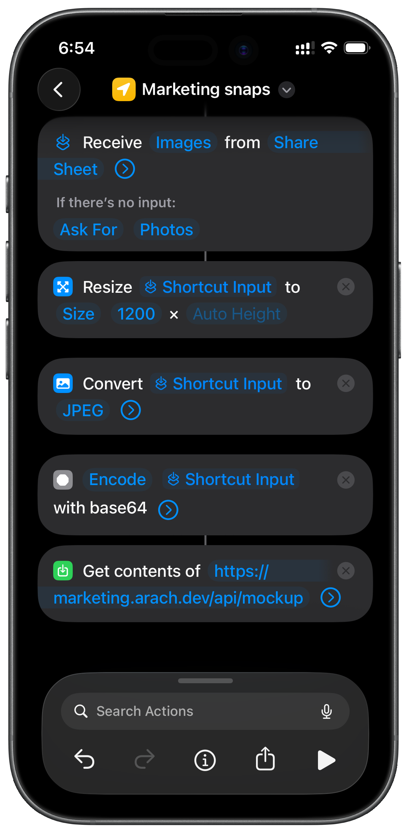 iOS Shortcuts workflow showing the image upload steps