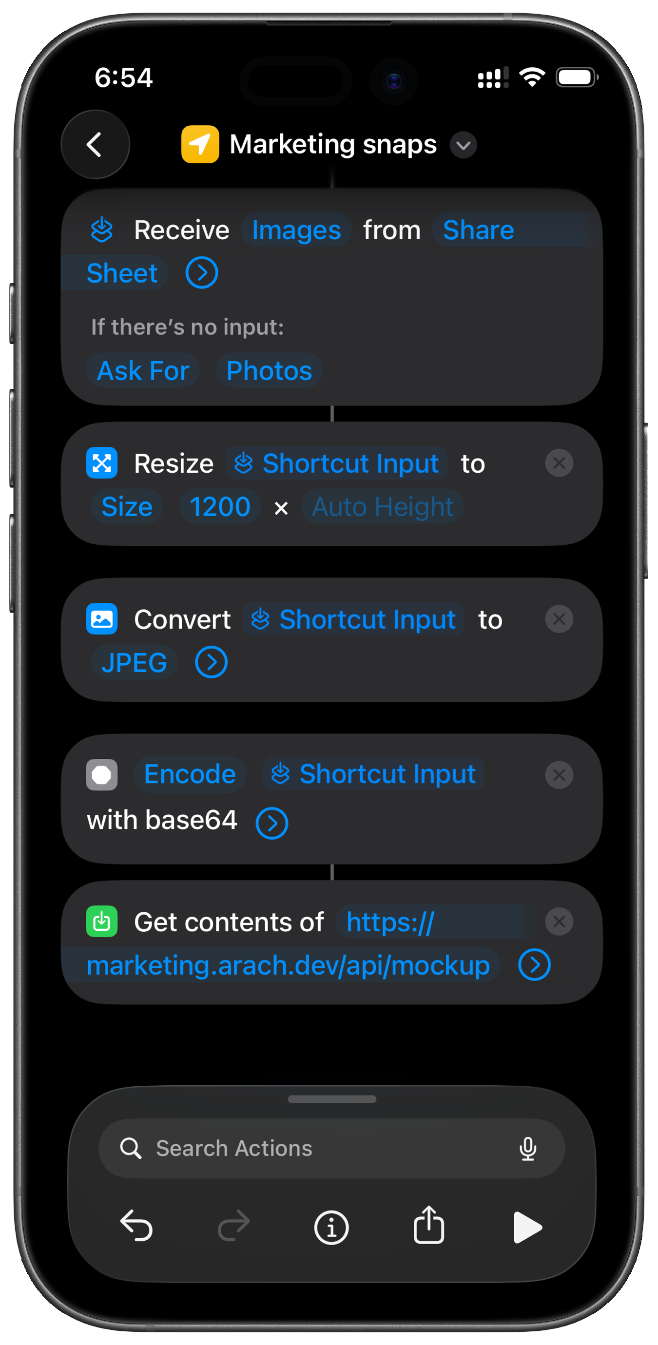 iOS Shortcuts workflow showing the image upload steps